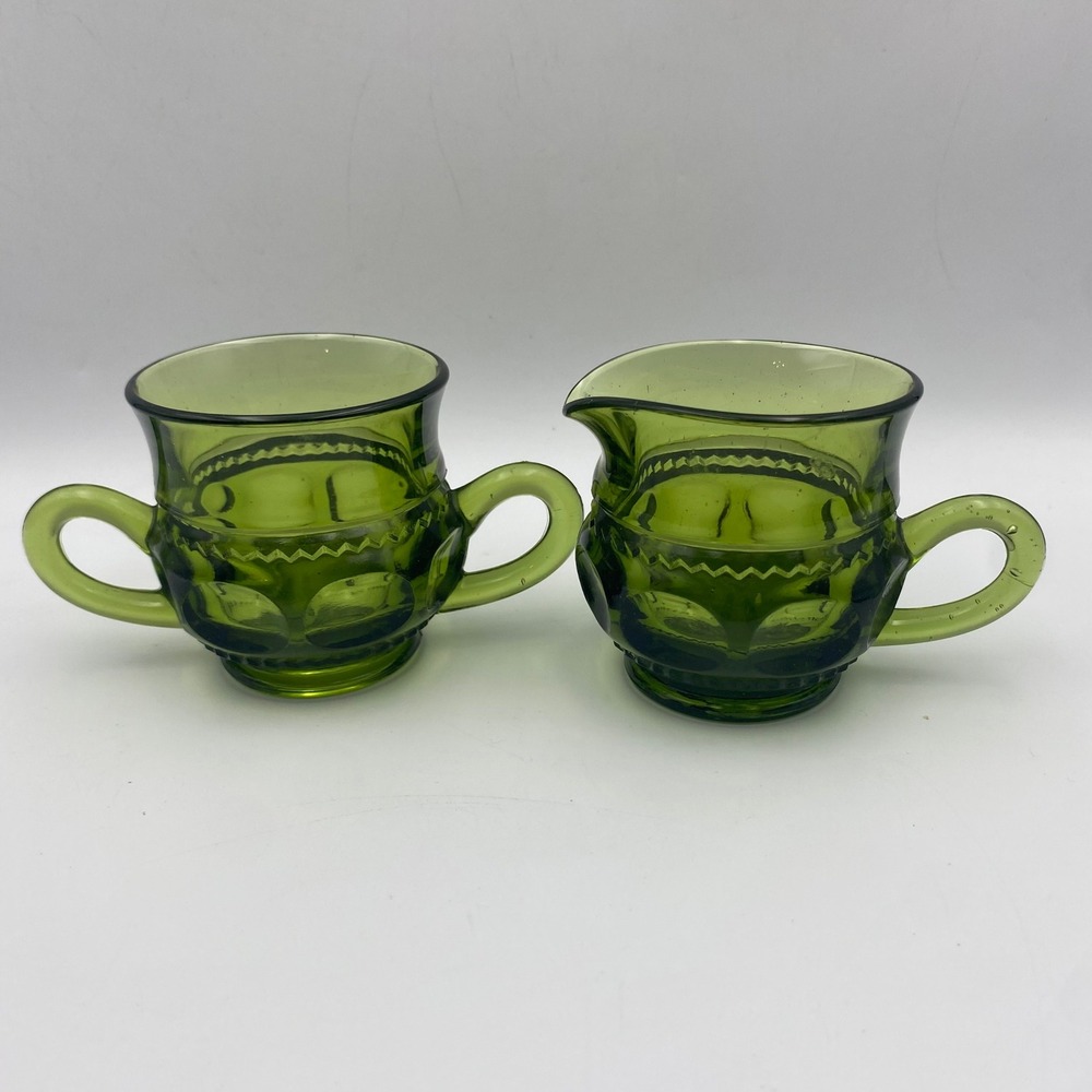 Vintage Green Glass Creamer and Sugar Bowl Set Thumbprint Pattern Retro MCM